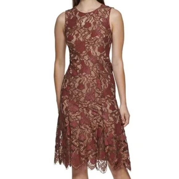 Calvin Klein 2 Lace Brown Dress Floral A-Line Sheath Fringe Formal Wedding Party - Picture 1 of 13